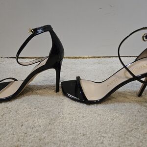 Stuart Weitzman Glossy Black Ankle Strap Heels Sz 8 4" Heel